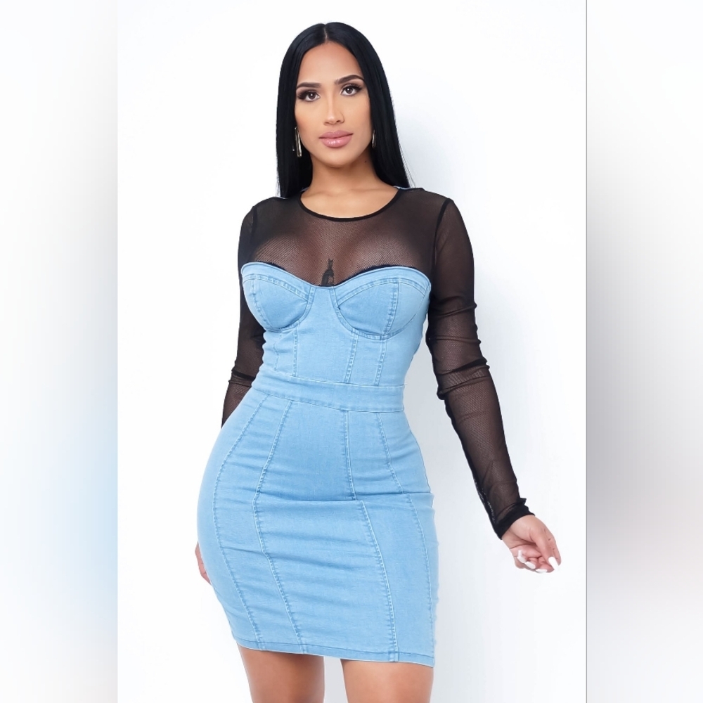 NEW! Chic Black and Blue Denim Sheer Dress